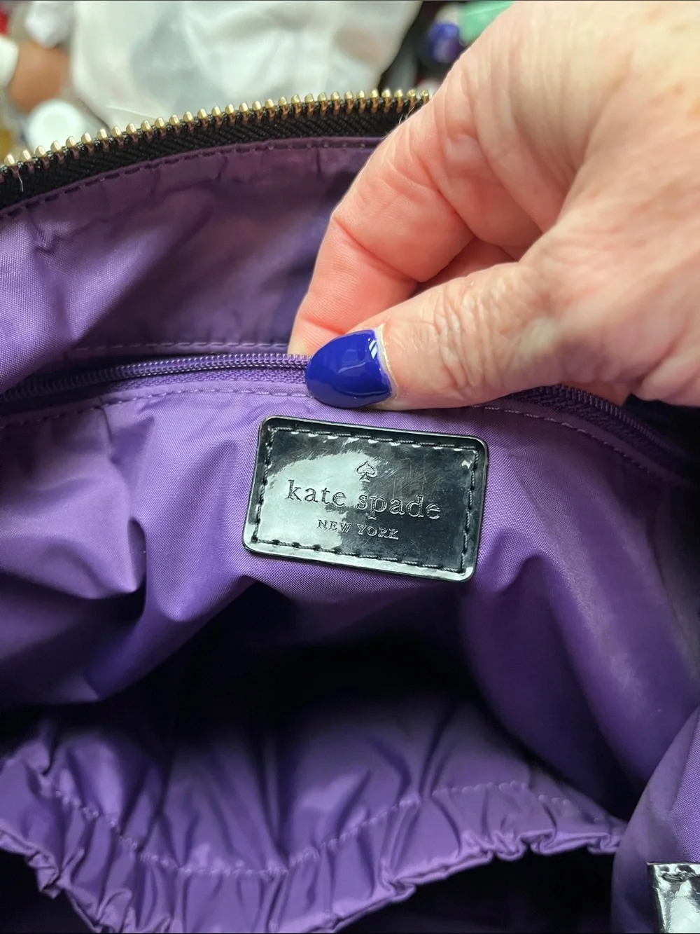 Flawed Kate Spade Stevie Baby/Diaper Bag Blk white herringbone purple interior